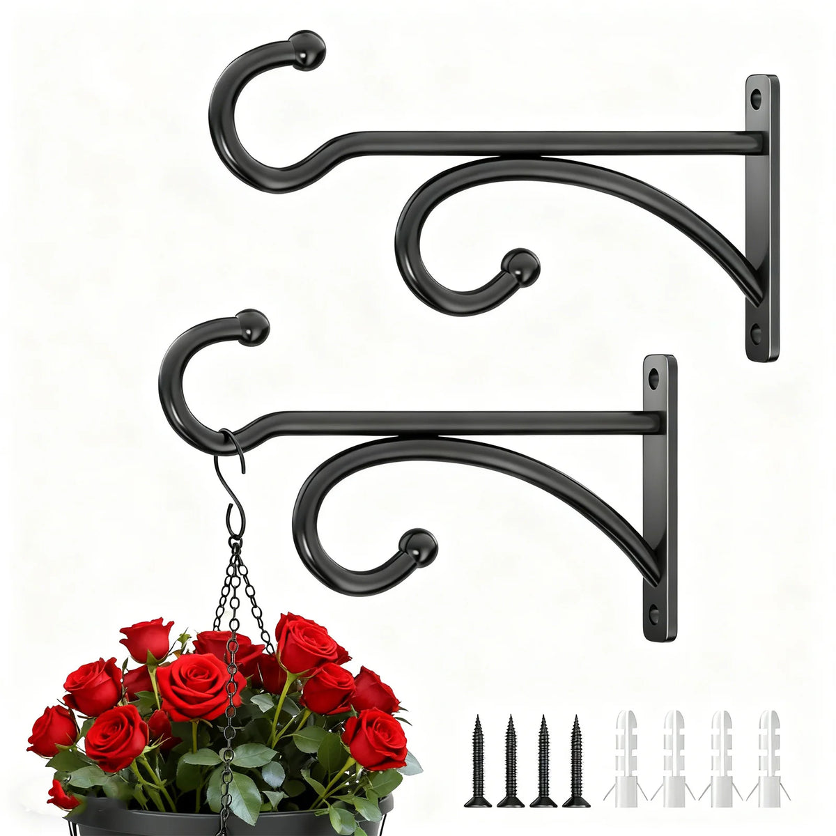 crochets muraux métal noir robustes 20cm fixations vis decoration exterieure jardiniere oiseaux patios suspendus
