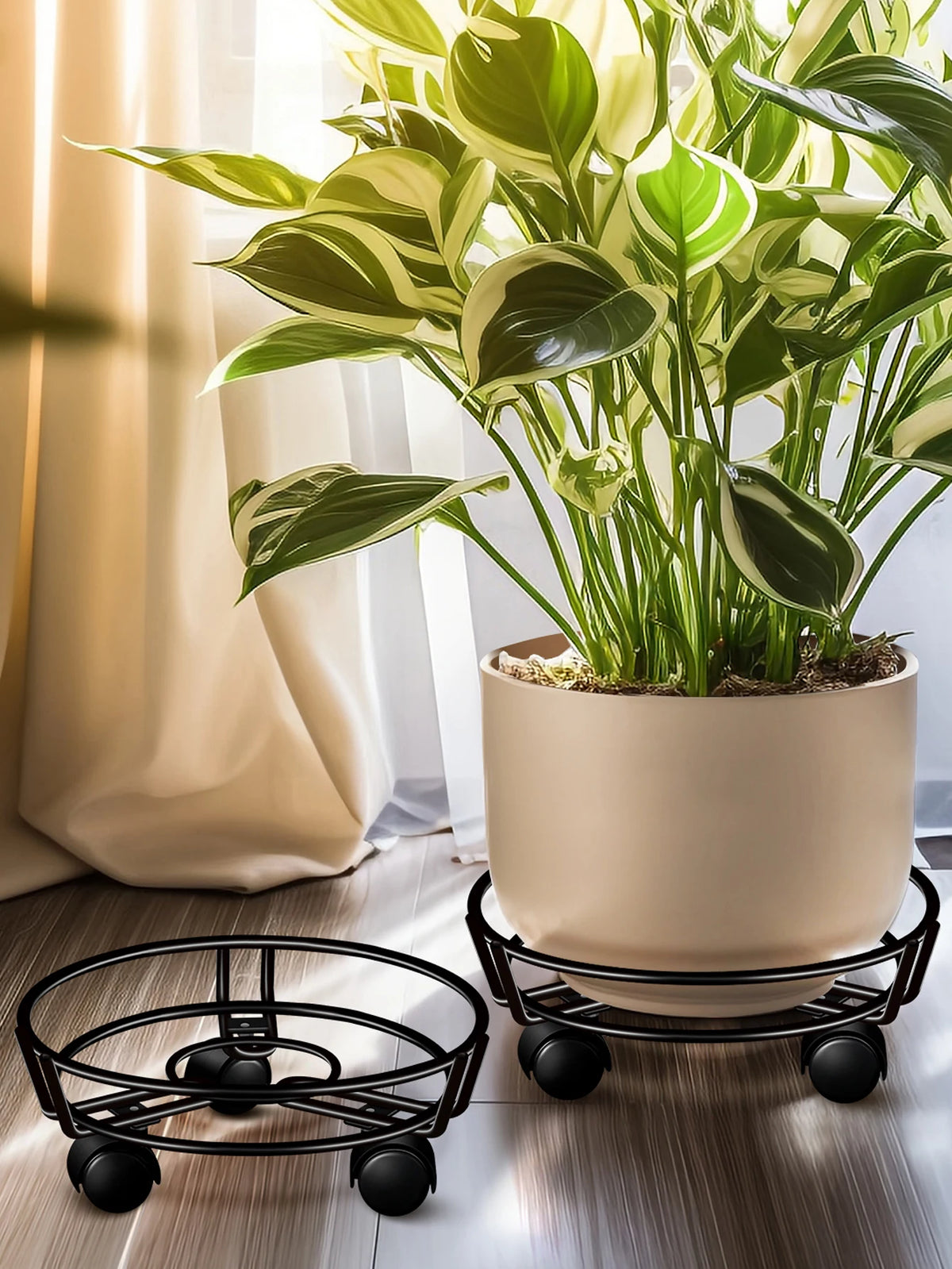 support pot fleur métal noir roulettes moderne intérieur extérieur