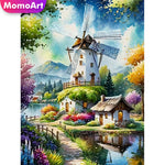 puzzle diamant paysage rural moulin vent maison fleurs arbres lac montagnes blanc vert bleu