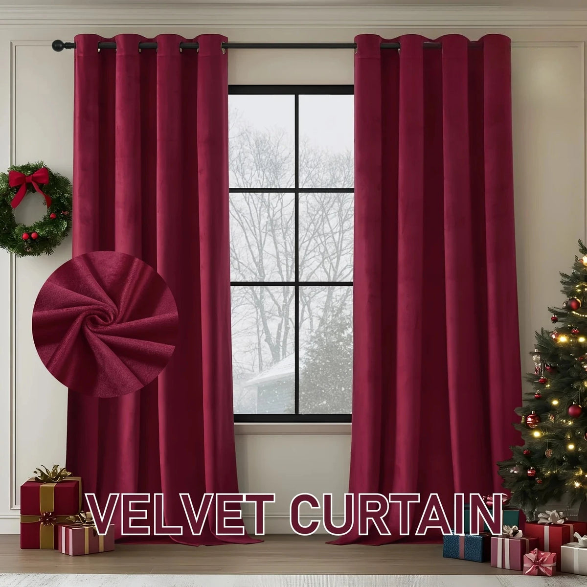 rideau velours rouge bordeaux opacité moderne anneaux métalliques fenêtre française machine lavable