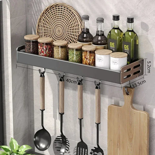 organisateur cuisine étagère murale gris métallique moderne vis invisibles papier essuyer torchon couteau cuillère