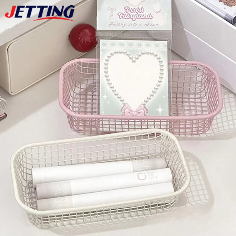 paniers rangement métal blanc rose bleu maille fine moderne papier pince ruban adhésif
