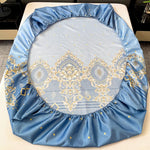 drap housse lit bleu clair doré motif floral classique taies d'oreiller coton