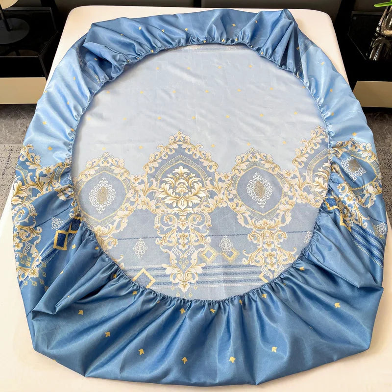 drap housse lit bleu clair doré motif floral classique taies d'oreiller coton
