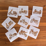 stencils moto blanc brun motifs scooters 9cm 9cm minimaliste peinture bricolage