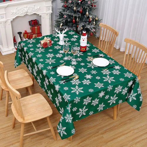 nappe table rectangulaire vert foncé motif flocons neige décoration noël hiver festive