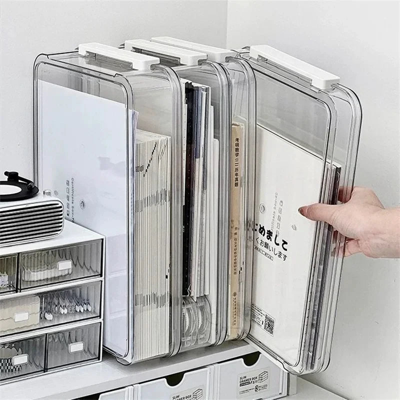 boîtes rangement transparentes plastique empilables poignées modernes étiquettes colorées documents outils