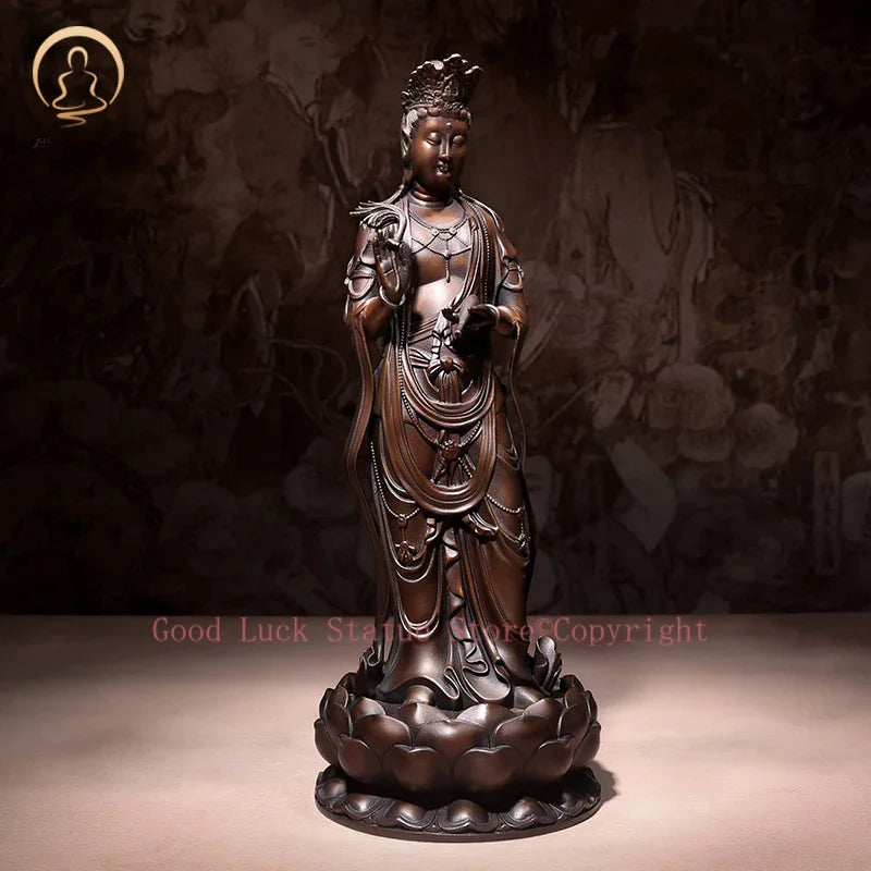 statuette bouddhiste bronze bouddha deux femmes bases lotus motifs floraux 32cm 3kg traditionnel