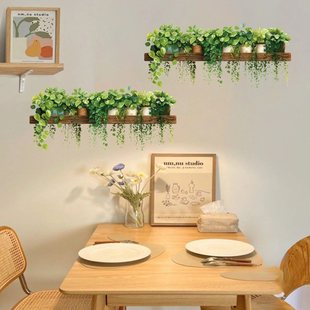 décoration murale moderne étagère murale bois naturel plante verte artificielle feuilles pots différents