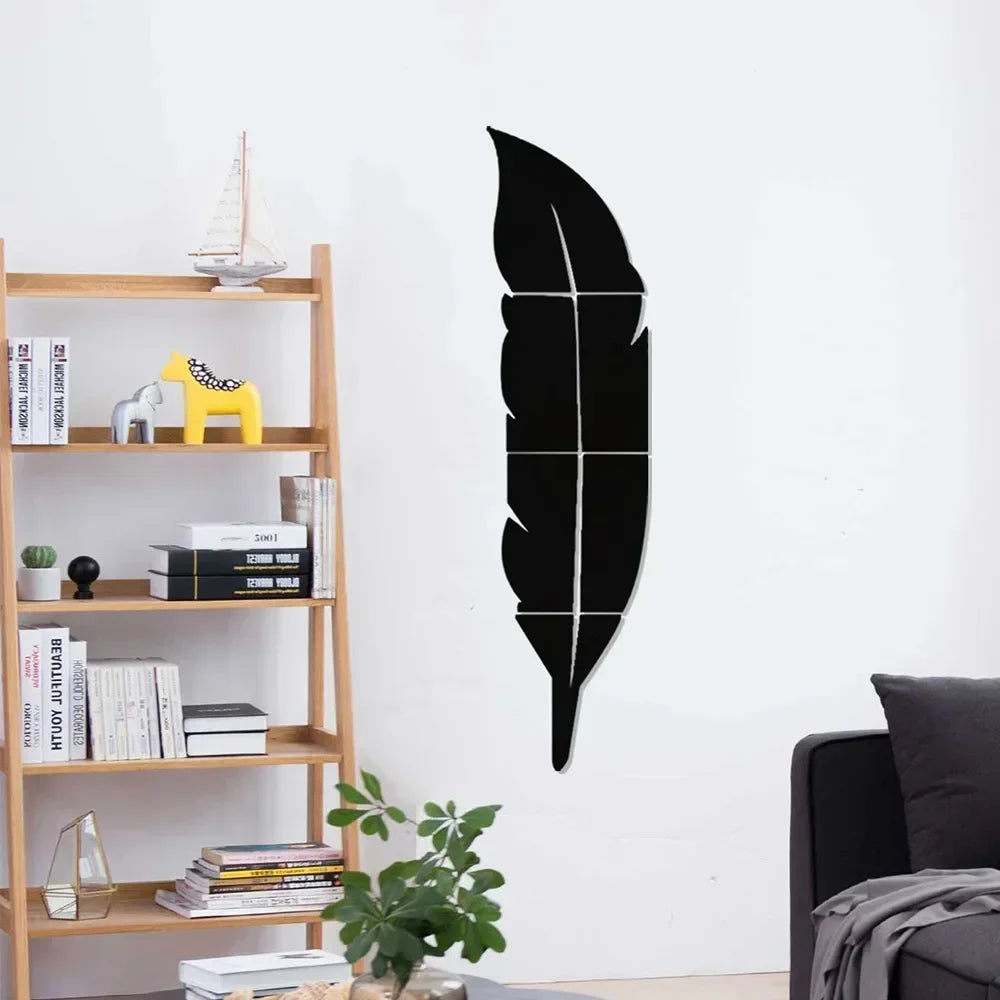 miroir mural adhésif plume stylisée décoration salon moderne acrylique argenté doré grand