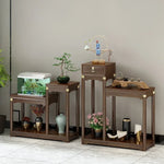 meuble appoint bois massif moderne table tiroir meuble double plateau vase bleu figurine bouteille