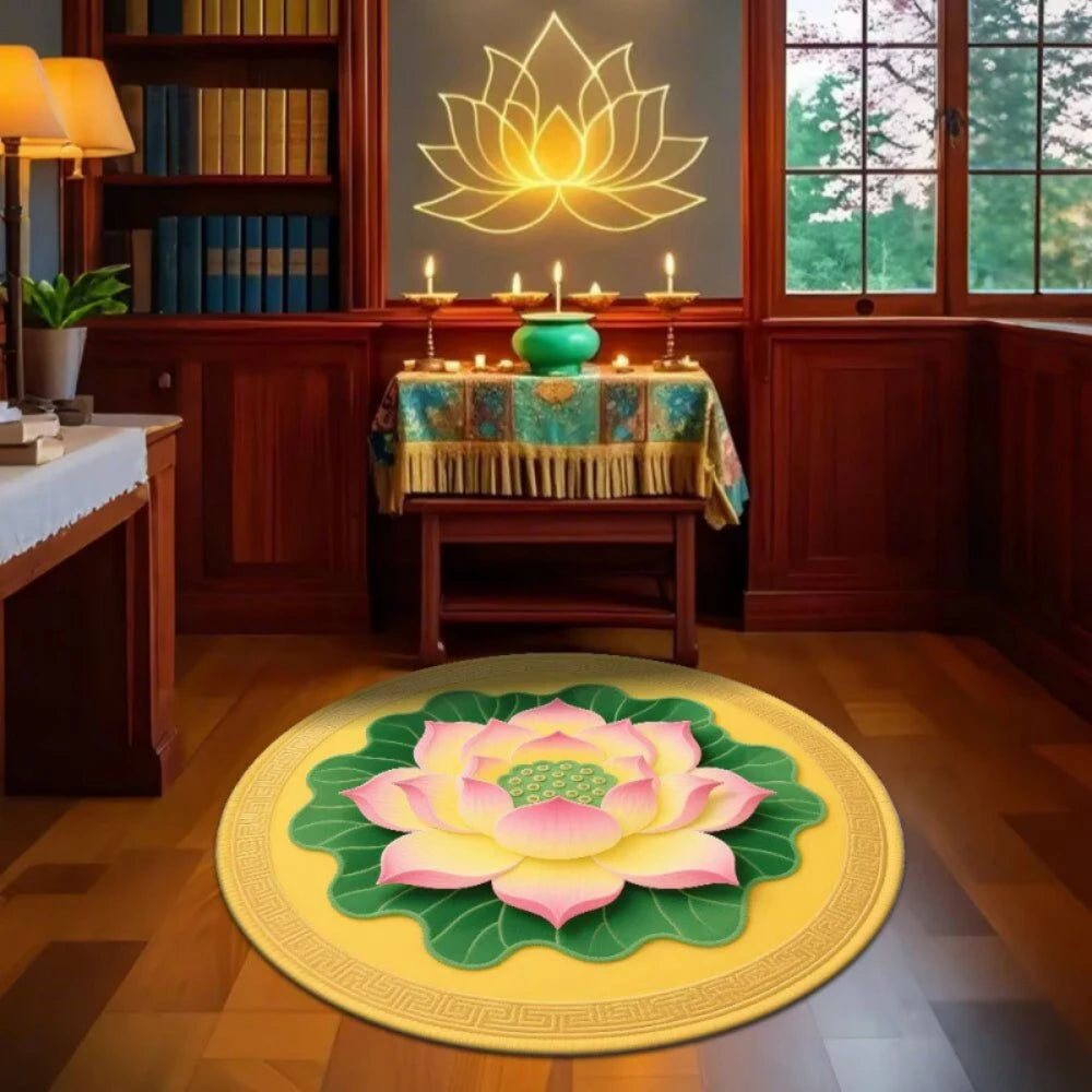 tapis rond fleur lotus vert rose blanc décoration zen salon chambre moderne ethnique