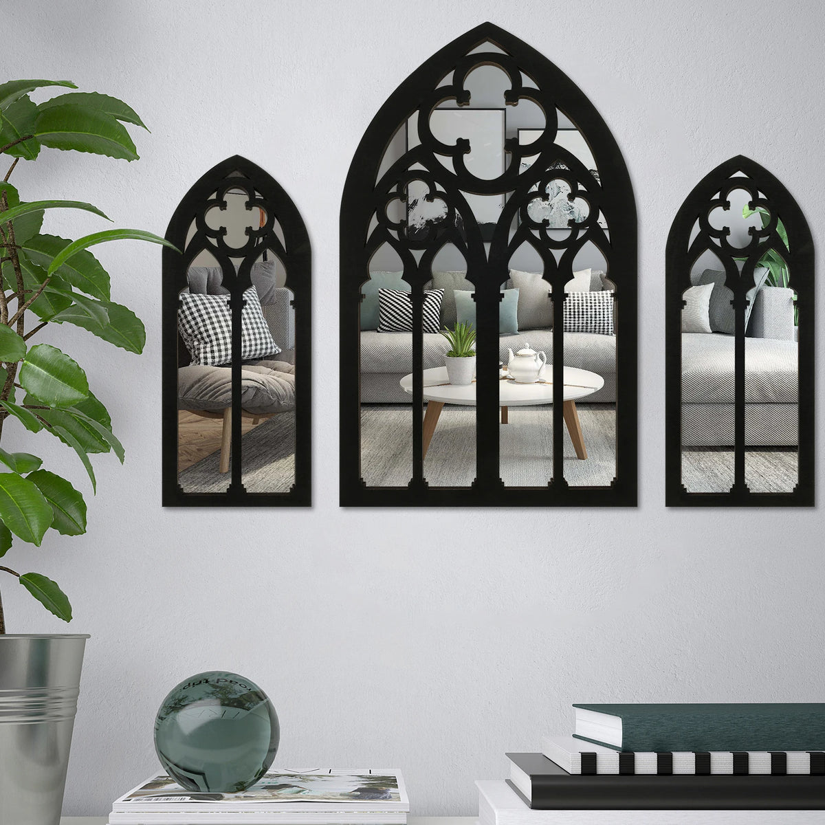 miroirs decoratifs gothiques arcades motif floral noir argent adhesif miroir grand petit ensemble mural