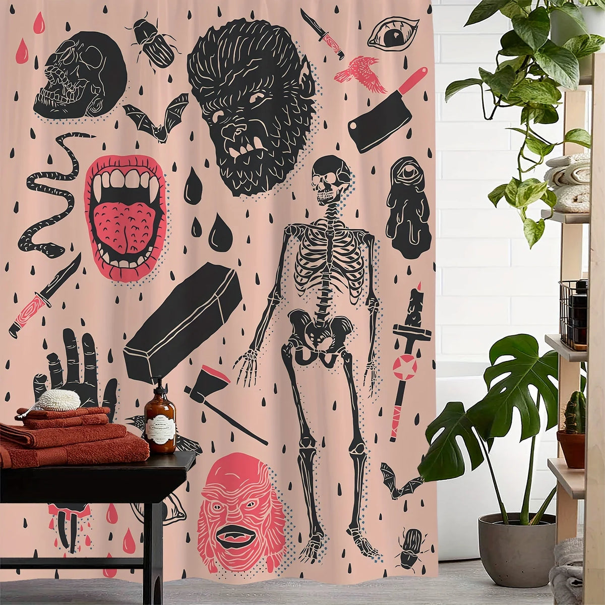 rideau douche halloween crânes squelettes motifs gothiques rose noir