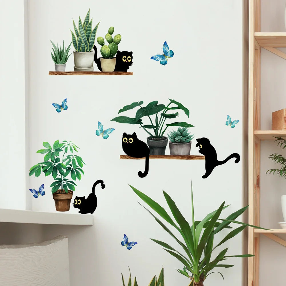 Stickers muraux chat noir plante verte papillon bleu adhésifs illustration moderneintérieur salon cuisine