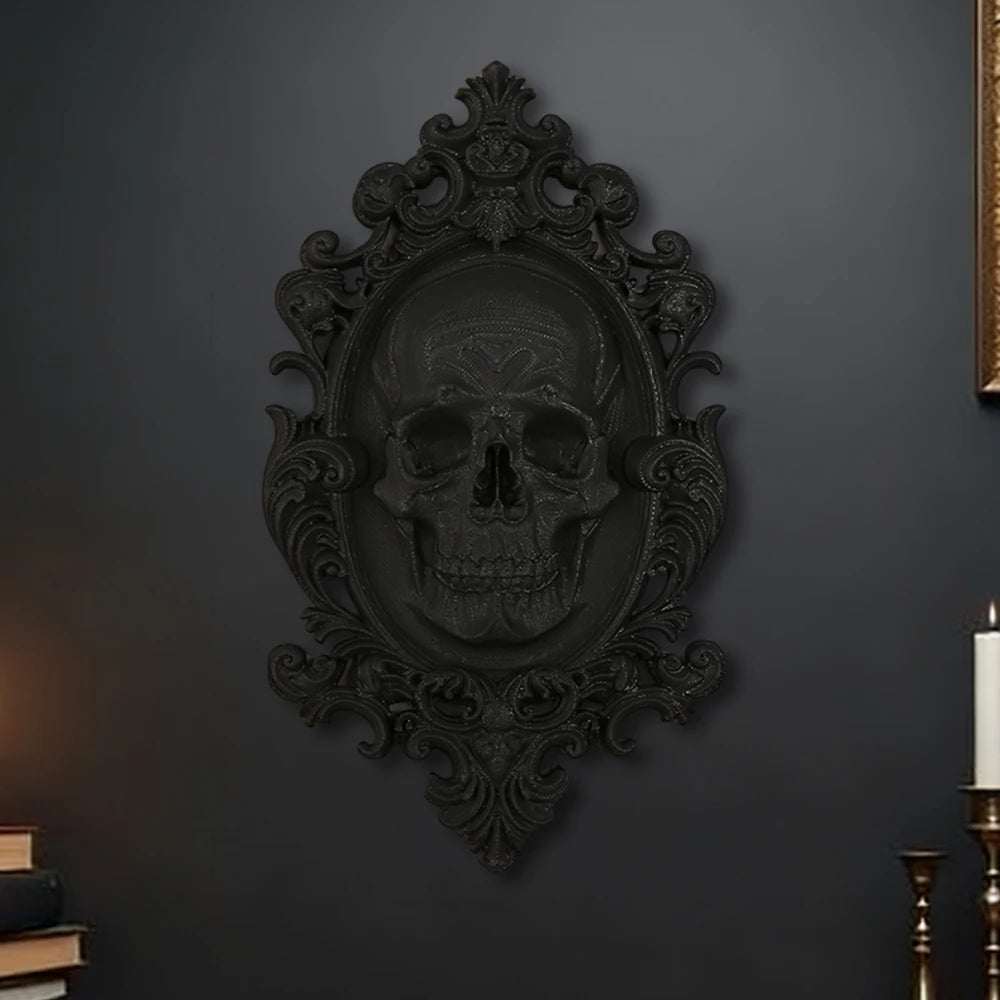cadre mural baroque crâne sculpté ornements noirs décoration intérieure rétro sombre gothique