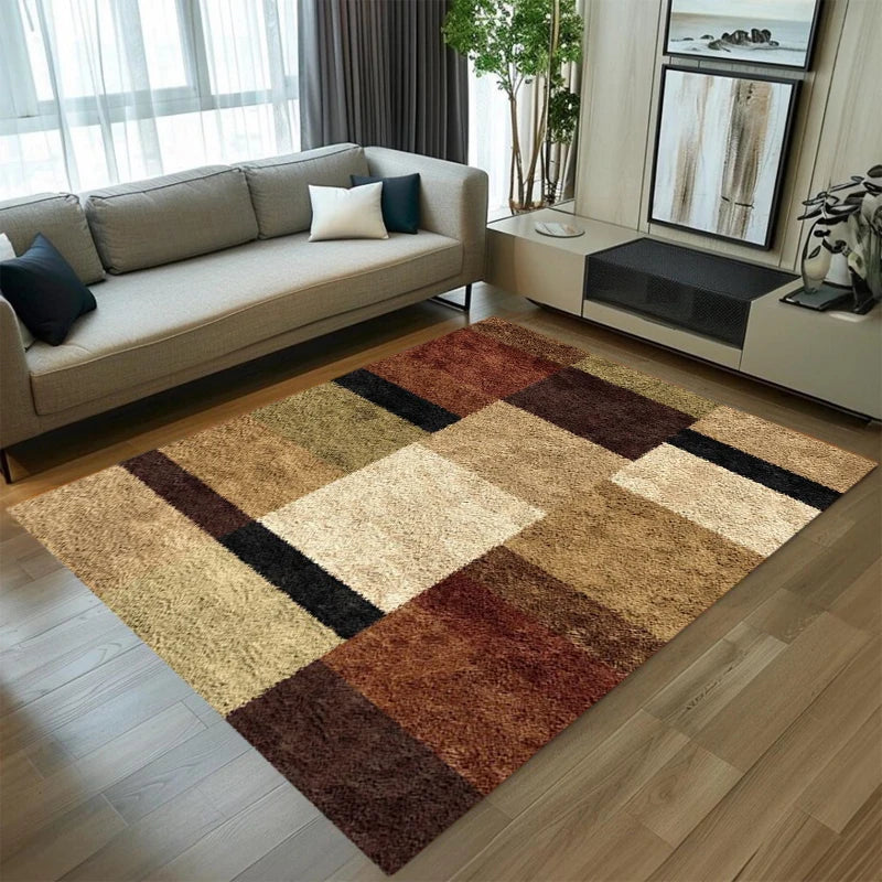 tapis salon chambre moderne motif géométrique patchwork marron beige doux antidérapant grande taille décoratif