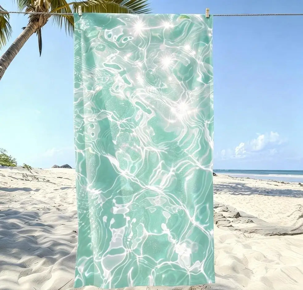 serviette plage microfibre séchage rapide absorption longue durée motif aquatique moderne bleu turquoise clips