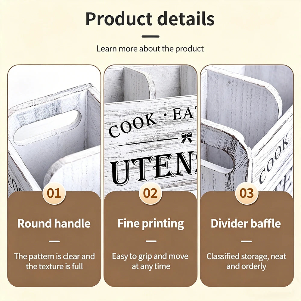 boîte ustensiles cuisine blanc vintage imprimé cook eat bake rustique multifonctionnelle