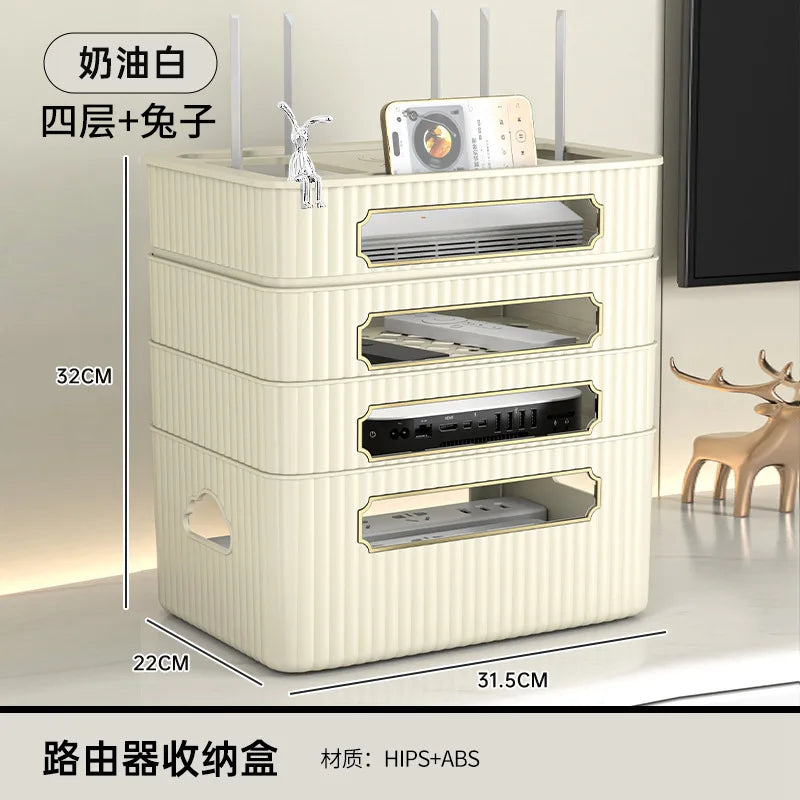boîte rangement routeur décodeur tv gestion câbles organisateur moderne vert beige épuré