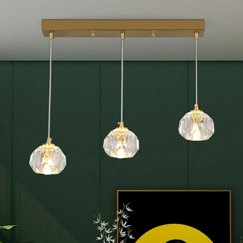 suspension lumineuse moderne or transparent lampes chaînes cristal strié chambre salon étude