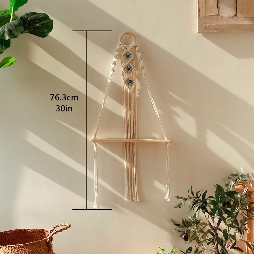 étagère murale bois macramé œil bleu boho chic pot fleurs blanc plante verte