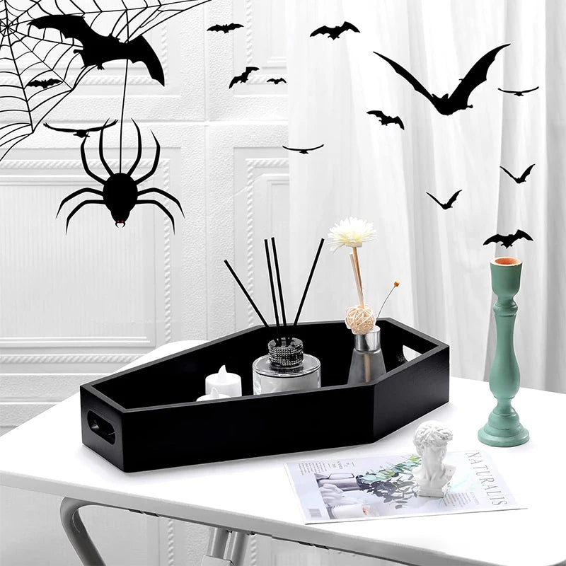 plateau coffret cercueil noir décoration halloween gothique araignées chauves souris citrouille crâne bijoux