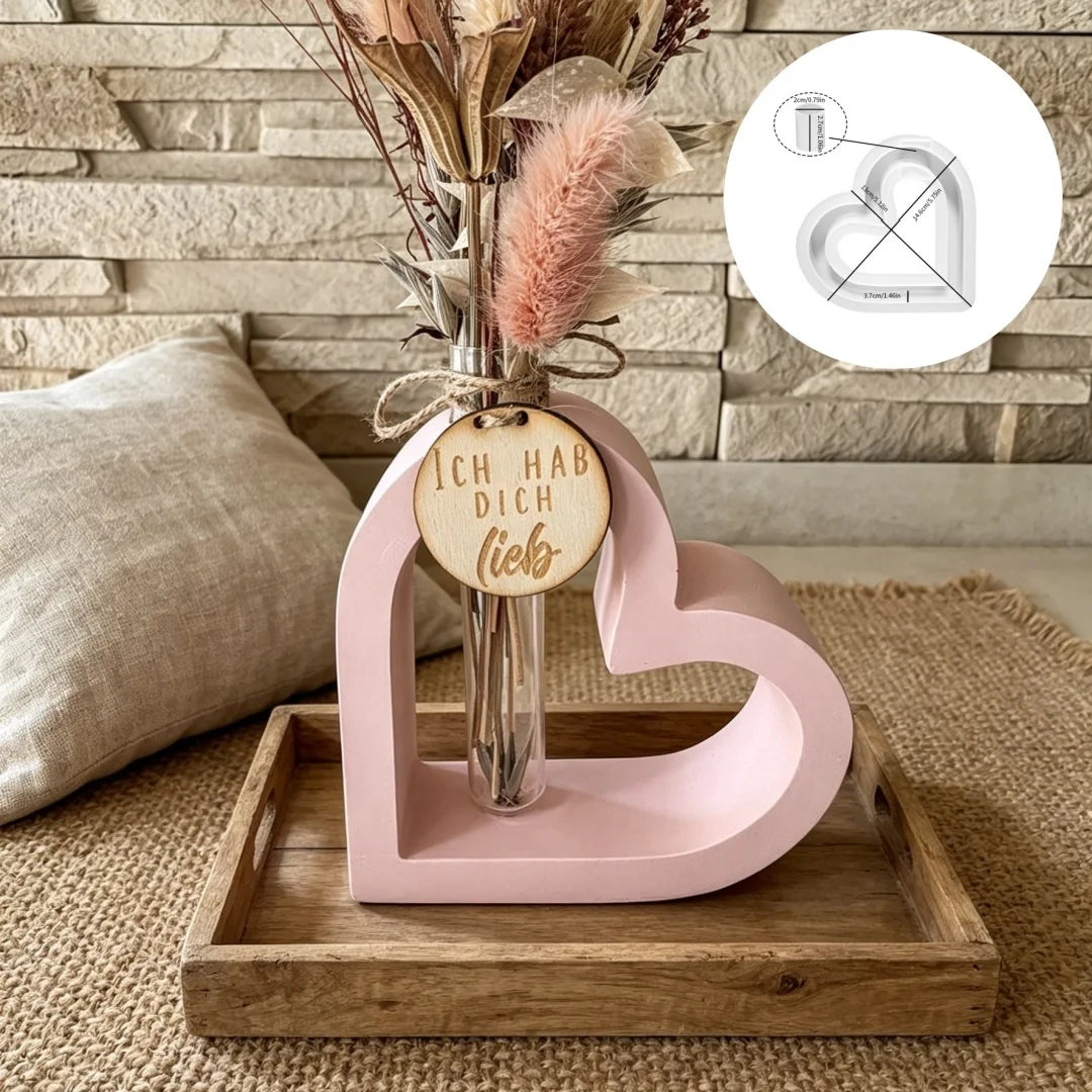 support fleurs forme cœur rose clair silicone moderne décoration vase fleurs séchées plaque bois