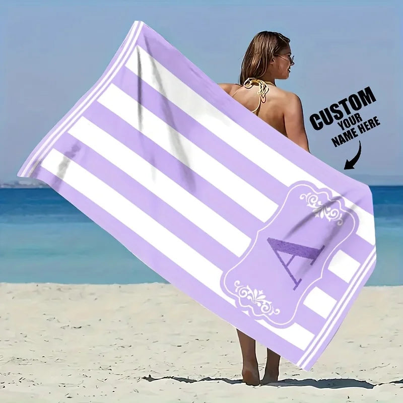 serviette plage rayée violet clair absorbante sèche rapide polyester moderne large nom logo personnalisable