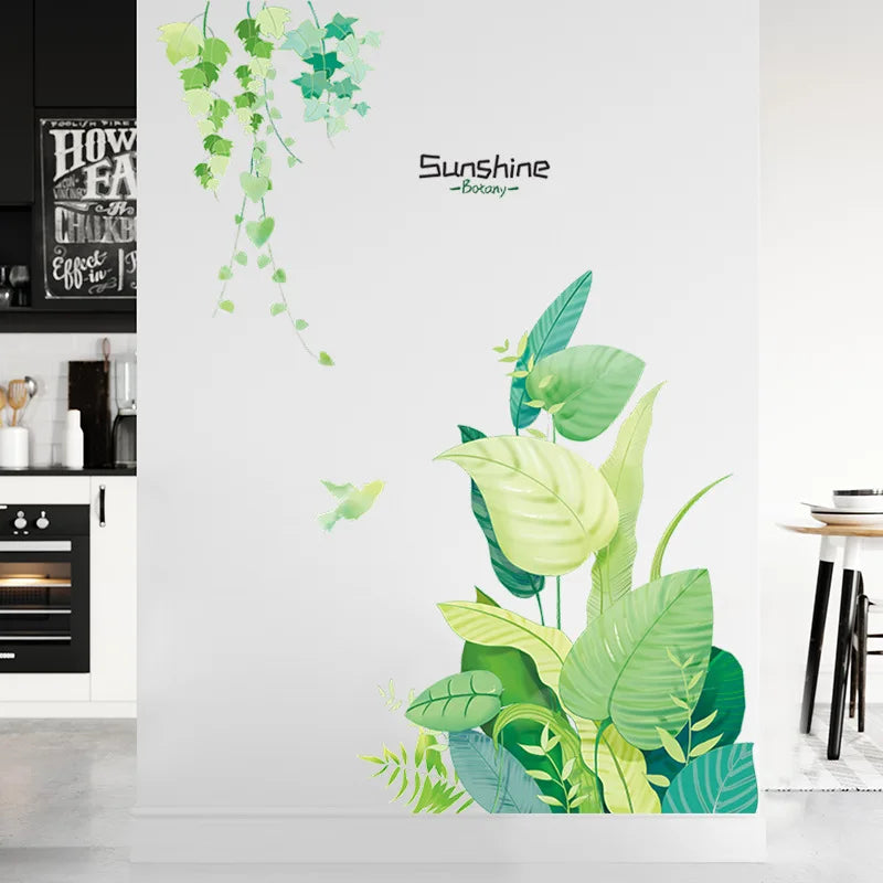 sticker mural botanique moderne feuilles vigne plantes tropicales oiseaux stylisés aquarelle pièces