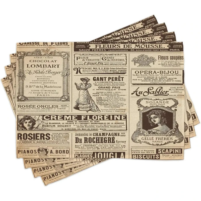 Set de 4 sets de table lavables motif vieux journal français sur table à manger