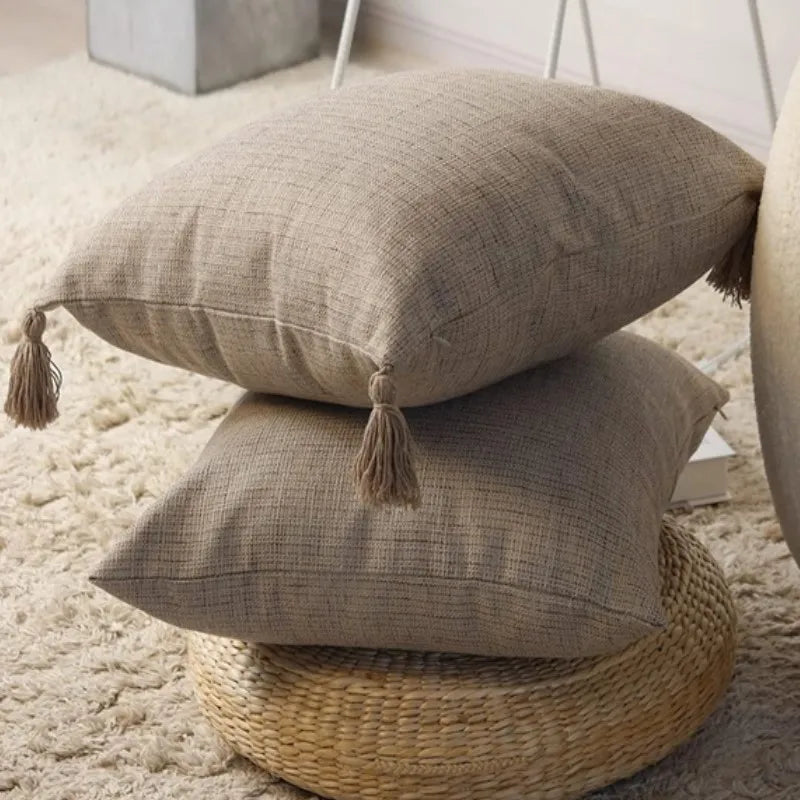 coussin carré texture tissée rustique beige lavable 45x45cm pompon adhésif