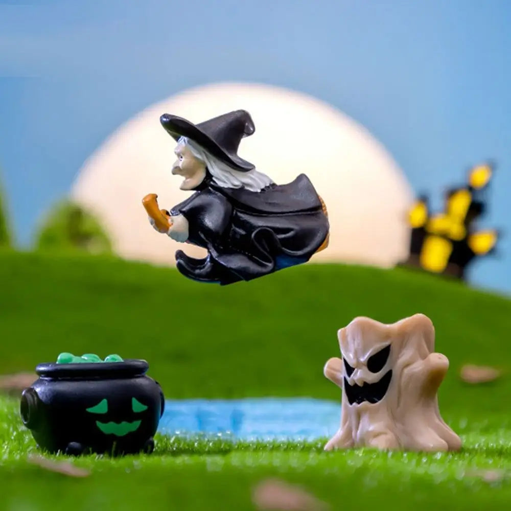 figurines halloween sorcière fantôme citrouille squelette résine noire blanche verte Jaune