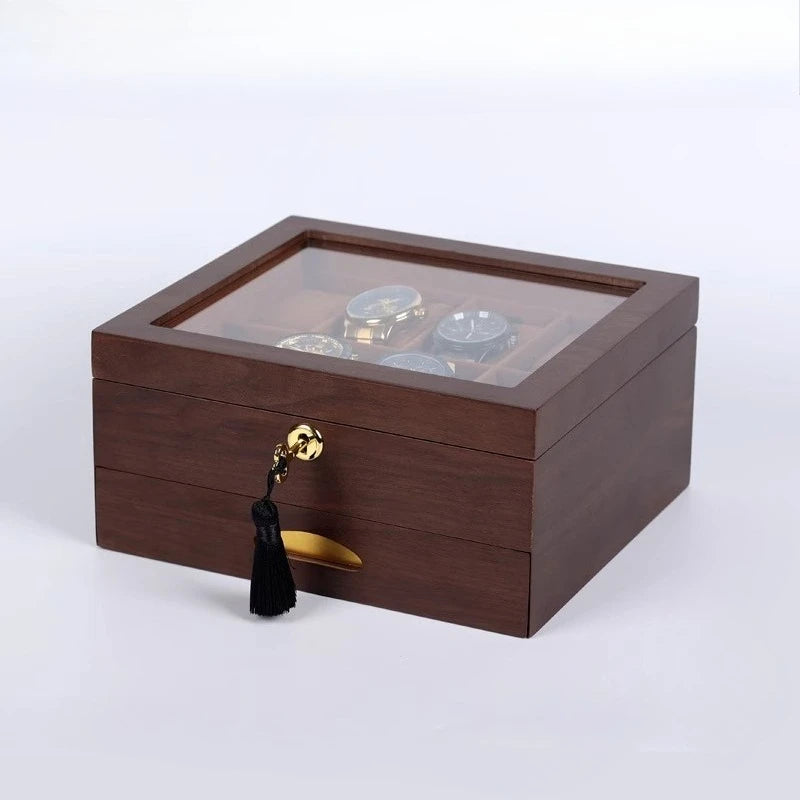 boîte montres bois marron classique slots étages transparente serrure montres rangement élégante