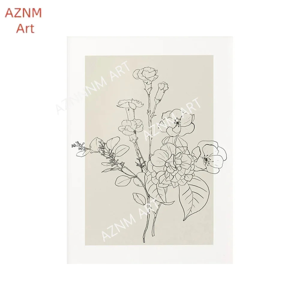 affiches art minimalistes toile simples dessins floraux noir beige clair cadres bois chambre salon
