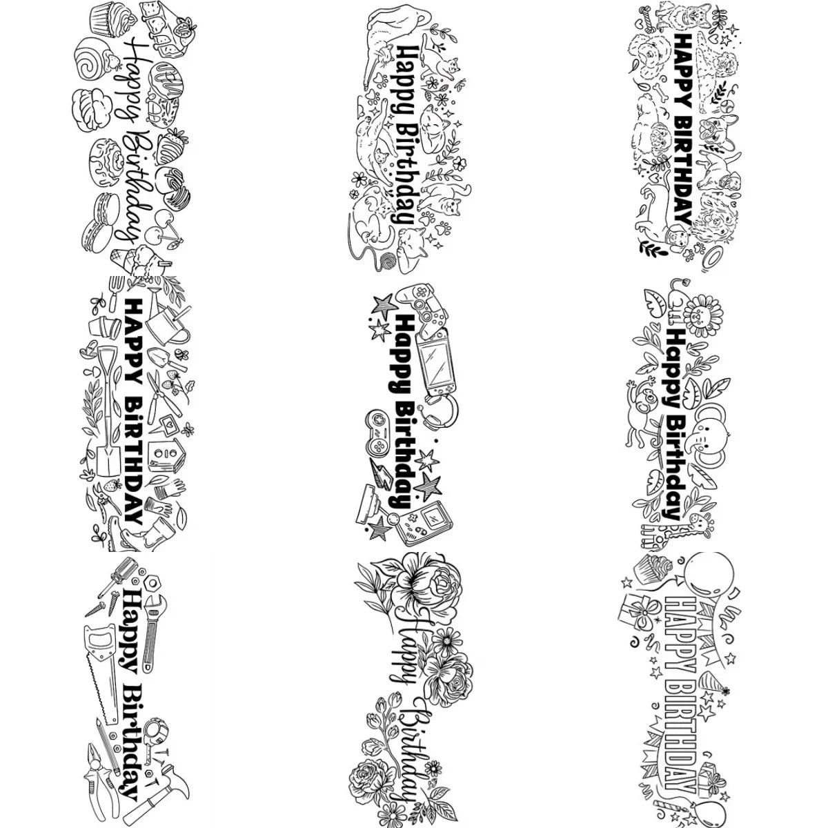 tampons transparents happy birthday fleurs animaux coeurs outils géométriques textes cartonnage anniversaire