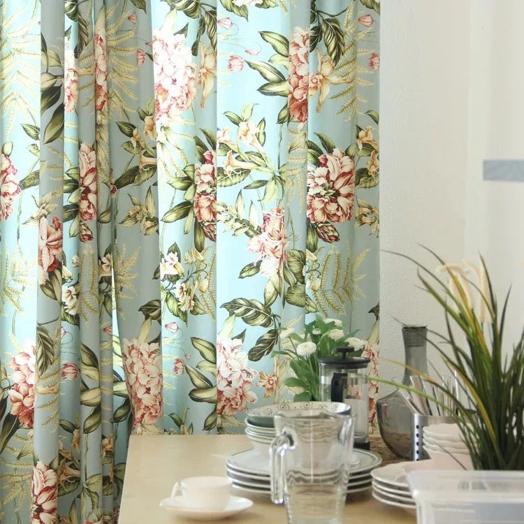 rideau opaque motif floral fleurs feuilles classique salon chambre maison polyester vert bleu