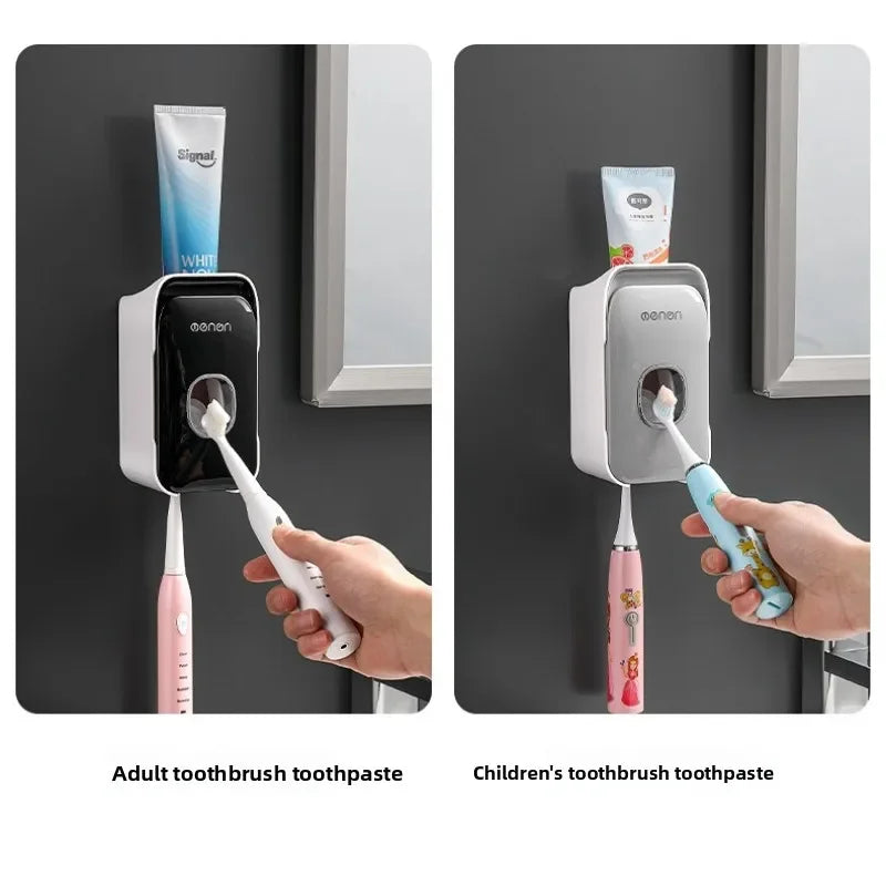 distributeur dentifrice automatique blanc noir moderne pratique adhésif salle bain hygiène oral plastique rechargeable