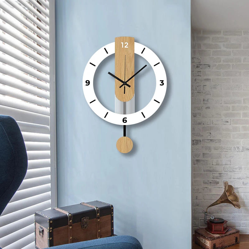 horloge murale moderne aiguilles noires cadre blanc bois clair décoration intérieure fixations transparente