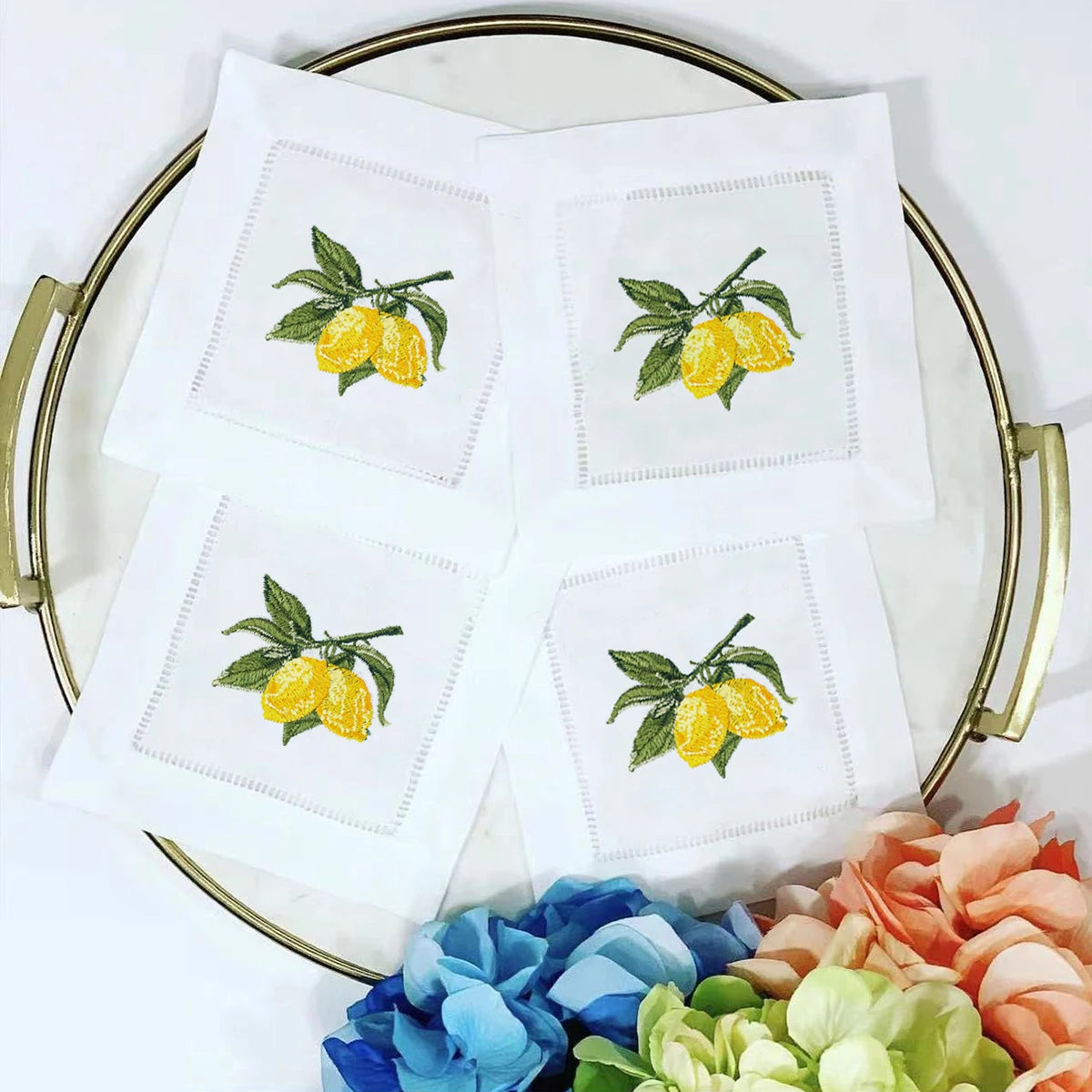 serviettes coton brodées citrons blancs classiques usage maison restaurant decoration table mariage