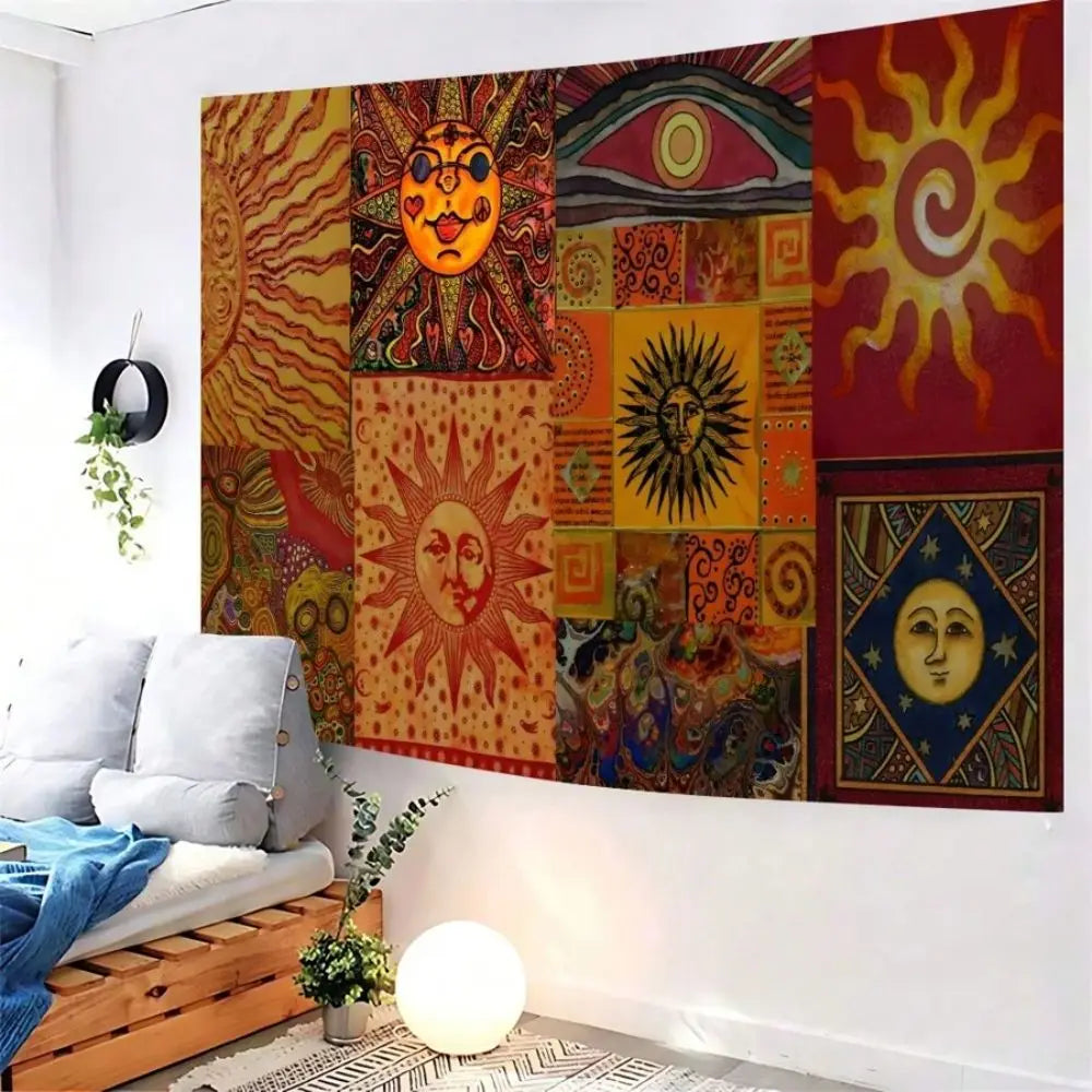 tapisserie murale bohème multicolore motifs soleil lune oeil 100 polyestère rectangle