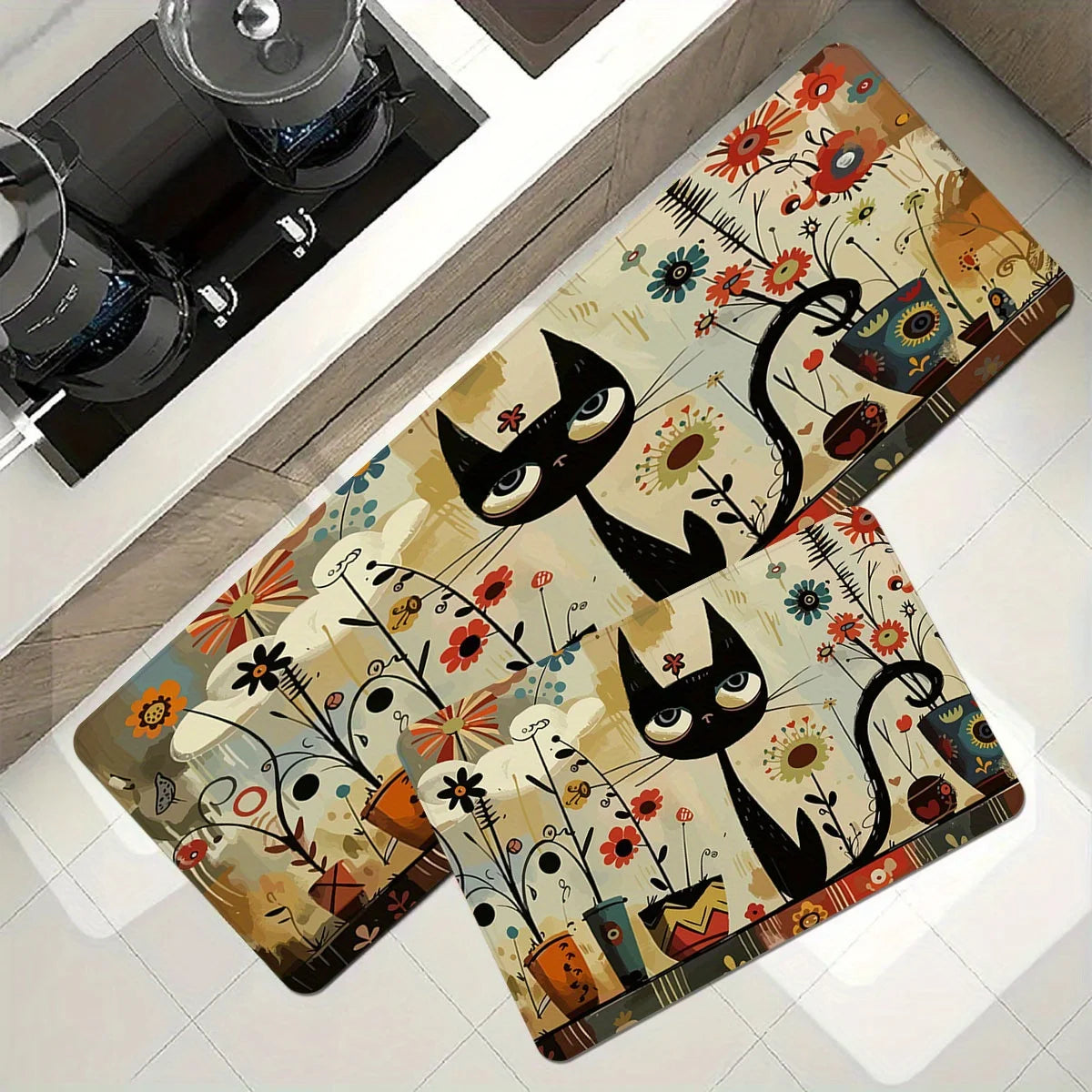 tapis sol moderne chats noirs fleurs colorées imperméable polyester usage maison hôtelextérieur