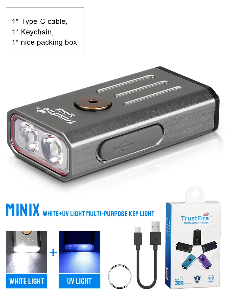 lampe torchon rechargeable uv violet bleu texture metallique anneau fixation moderne compact