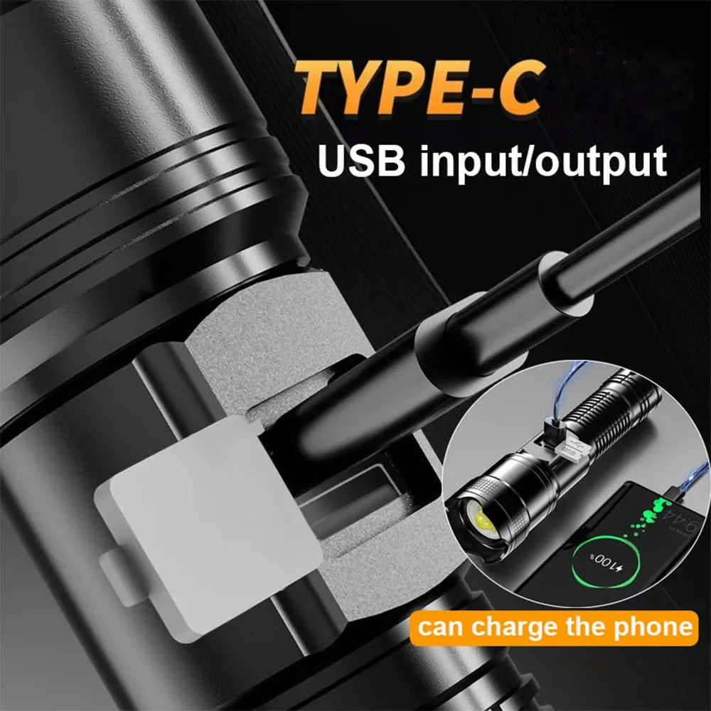 lampe torche tactique led rechargeable usb puissante longue portée camping pêche extérieure noire robuste