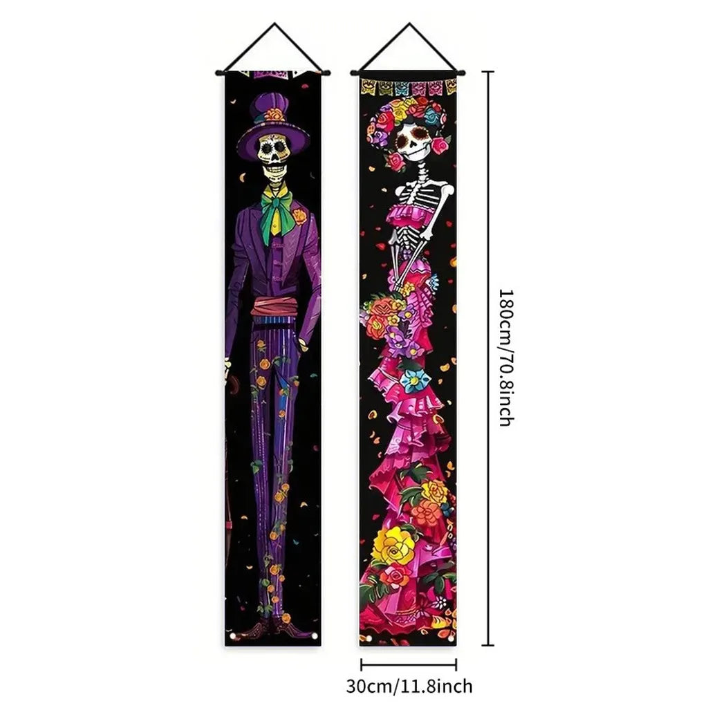 bannière suspendue halloween squelettes personnages costumés colonnes architecturales 180cm 30cm