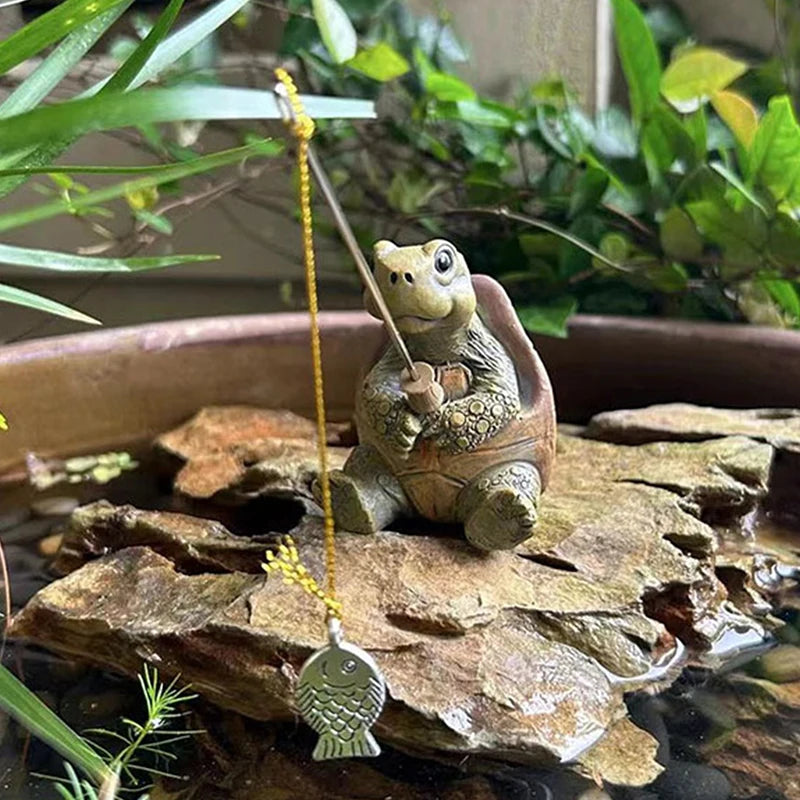 statue tortue pêche résine canne ligne poisson marron vert jaune décoration extérieure jardin fantaisiste