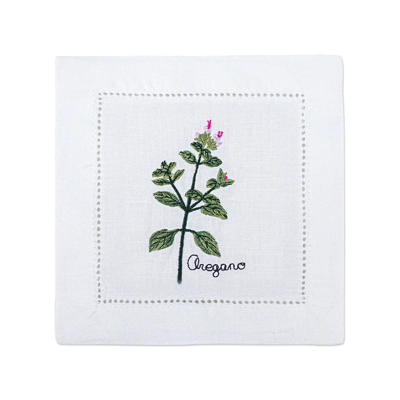 serviette cuisine lin blanc brodée motifs plantes aromatiques naturelle table élégante