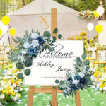 décoration mariage boho panneau bienvenue fleurs artificielles eucalyptus bois texturéextérieur