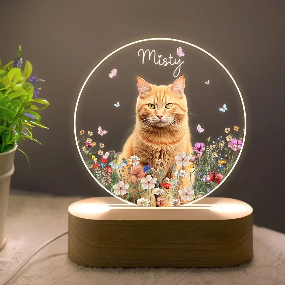 lampe nuit transparente chat orange fleurs papillons texte Misty moderne personnalisable base bois