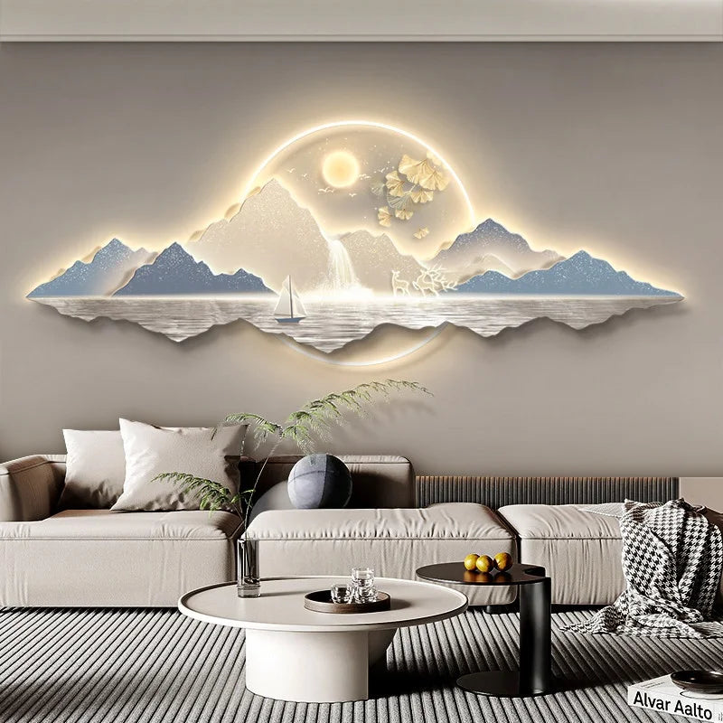 panneau mural moderne blanc gris doré bleu montagnes lac bateau arbre ciel étoilé